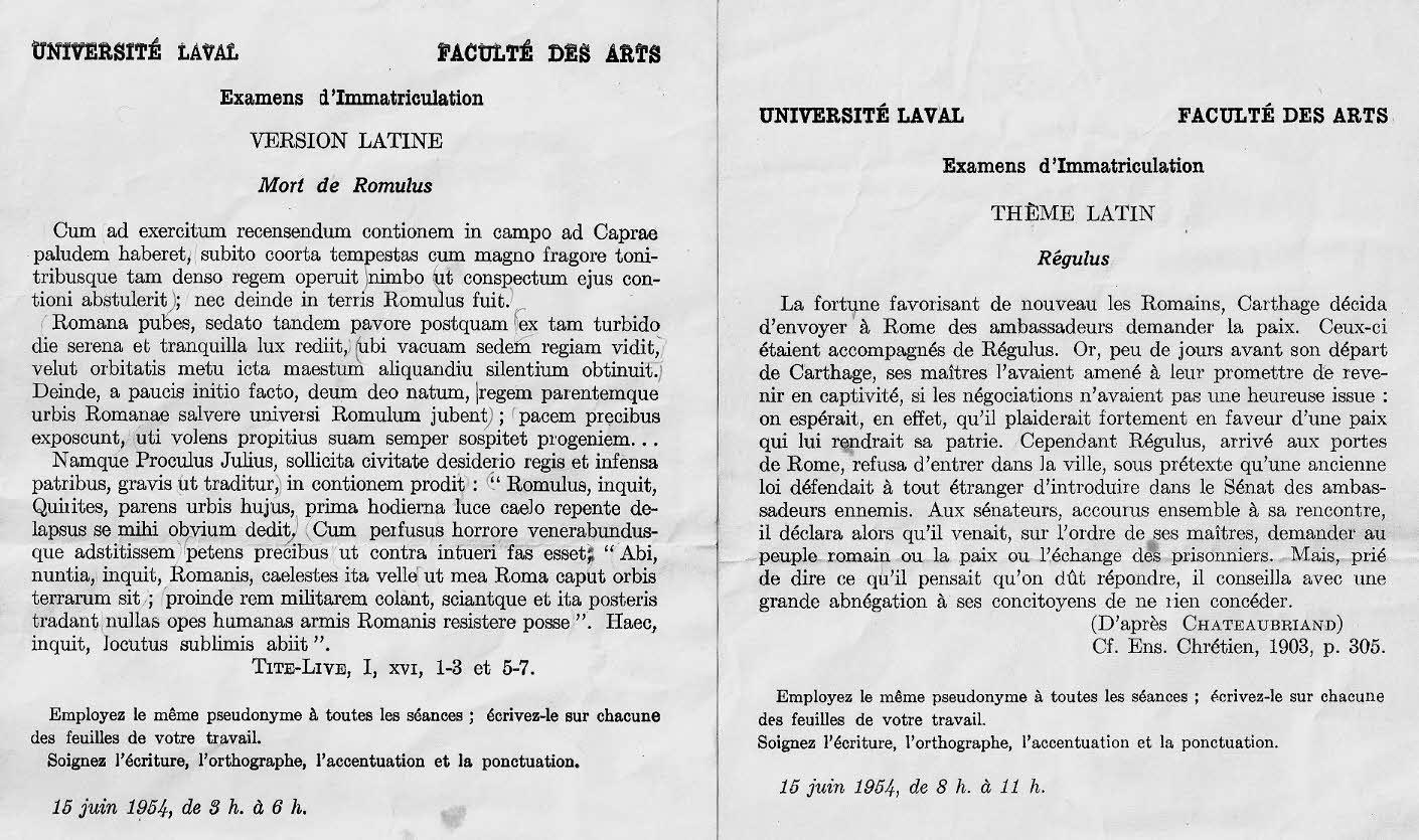 Examens latin juin '54